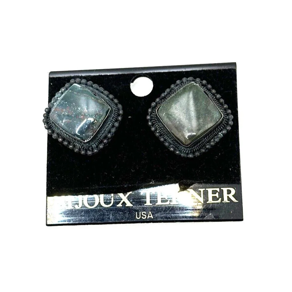 Vintage Bijoux Terner Moss Agate Earrings Dark Blue Green Stone Clip On 1 1/4
